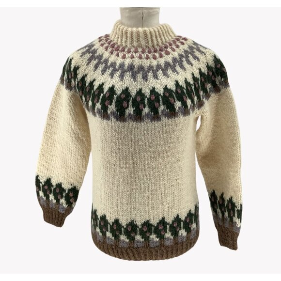 Wendy Stewart Sweaters - Hand Knit Fair Isle Sweater Wendy Stewart Pure Wool Beige Green Brown Sz S